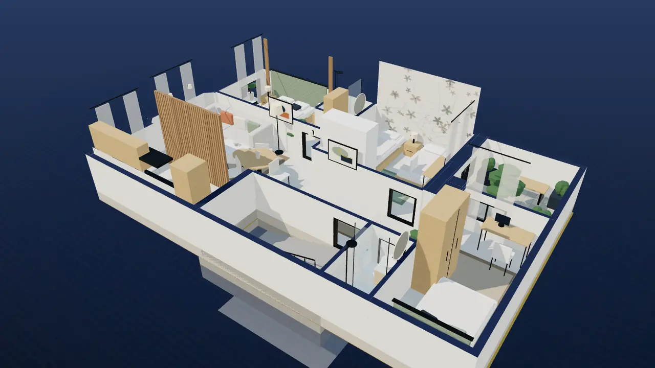 Maquette 3D de l'appartement 3 chambres vue en plongée : salon ouvert sur la cuisine, couloir, trois chambres, deux salles de bain, patio et escalier.